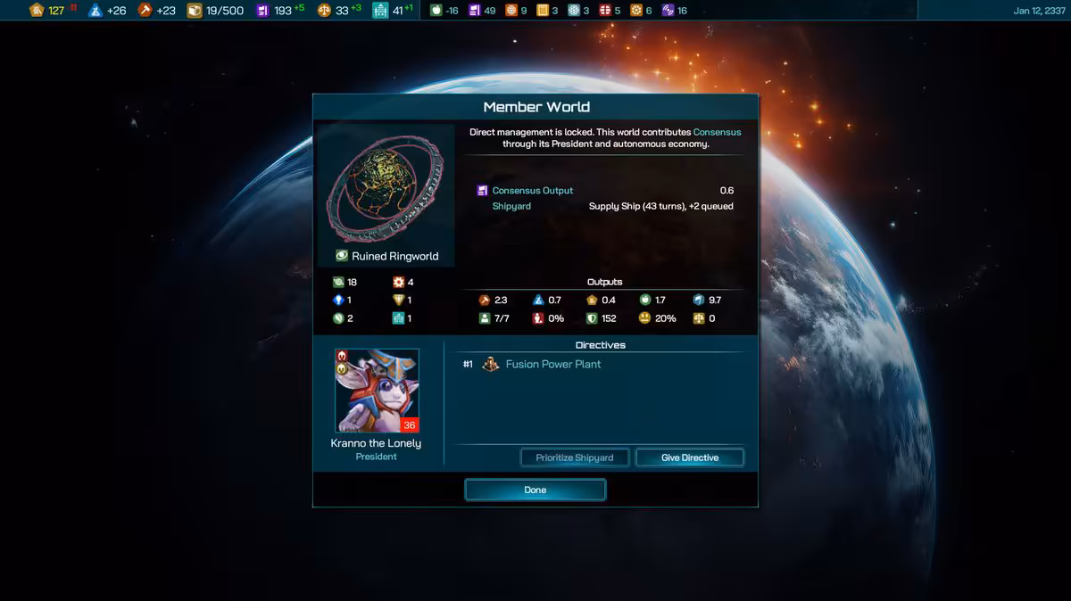 Galactic Civilizations IV enrichit sa stratégie avec Federations & Empires et la mise à jour 4.0 6 Fenêtre Member World pour une planète membre, détails de ressources et dirigeant