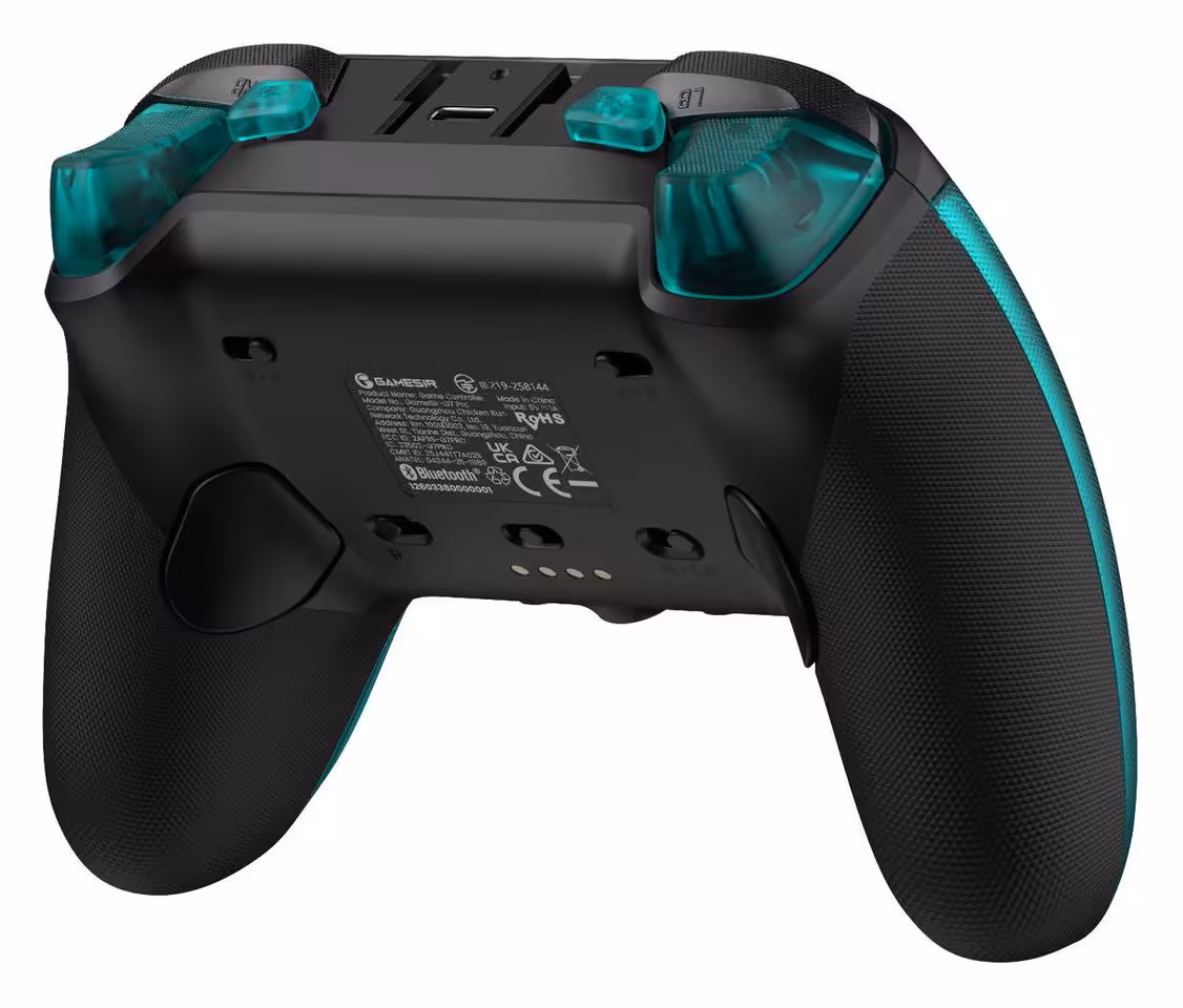 GameSir G7 Pro Aimlabs Edition : une manette Xbox sous licence avec sticks TMR 3 Vue arrière de la manette GameSir G7 Pro avec poignées turquoise et boutons dorsaux