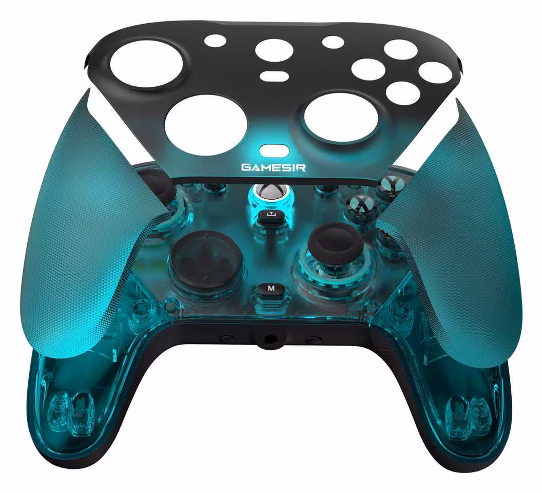 GameSir G7 Pro Aimlabs Edition : une manette Xbox sous licence avec sticks TMR 4 Manette GameSir G7 Pro Aimlabs Edition éclatée, montrant façade, sticks et coque supérieure amovible