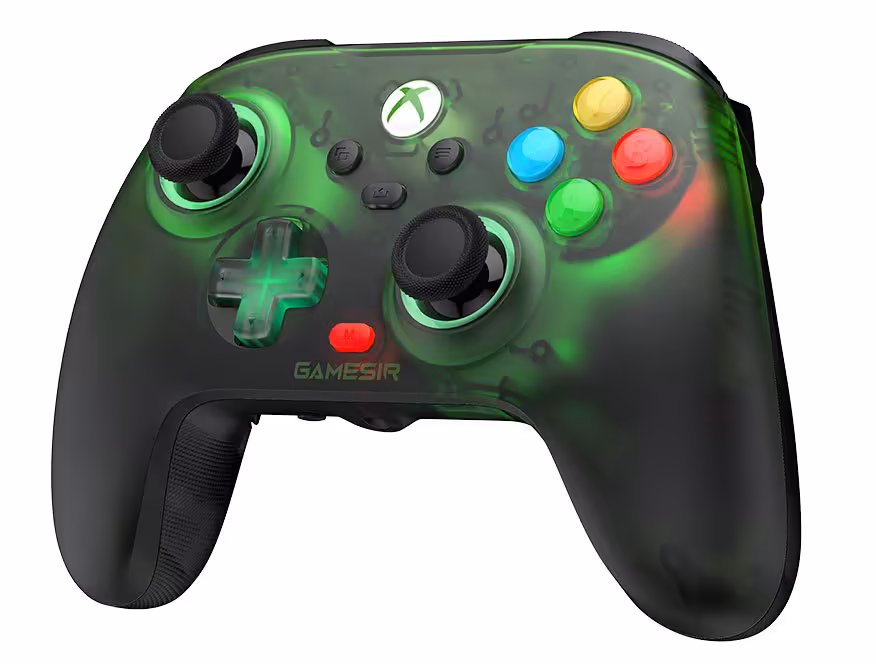 GameSir T7 Pro W Retro Green : une manette filaire Xbox et PC au look transparent rétro 2 Manette GameSir T7 Pro W Retro Green, vue avant avec sticks, croix directionnelle et boutons Xbox multicolores
