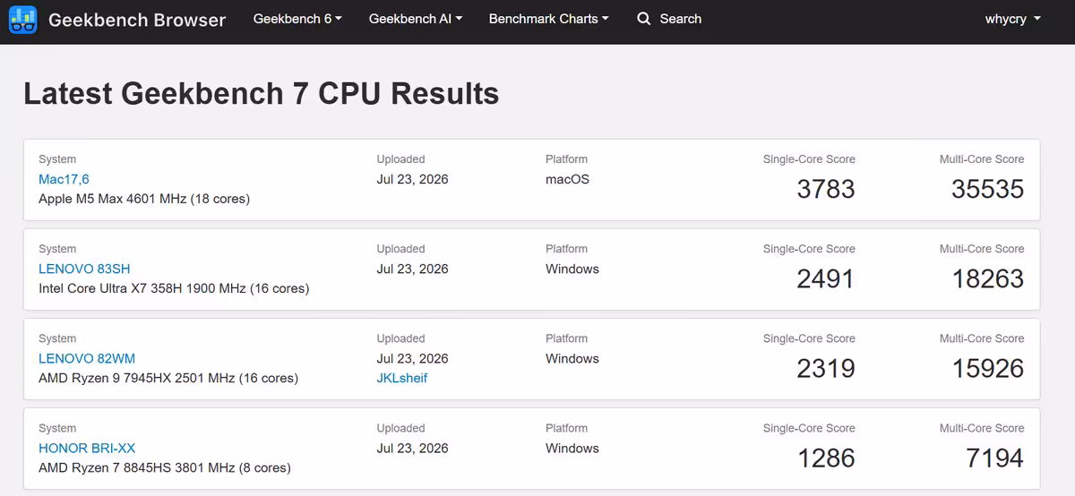 Geekbench 7 remplace le Core i7-12700 par le Ryzen 7 7700 comme base de score 2 Tableau résultats CPU Geekbench 7 avec scores single-core et multi-core sur fond blanc.