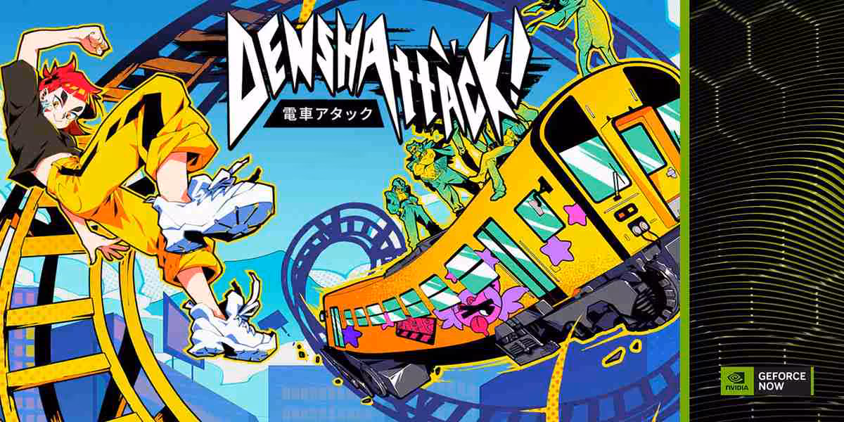 Illustration Denna Attack stylisée avec personnage anime, train jaune et logo GeForce NOW