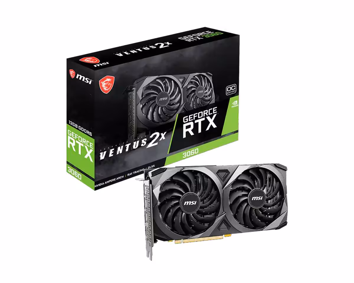 Photo produit MSI Ventus RTX 3060 sur fond noir, contrastes forts