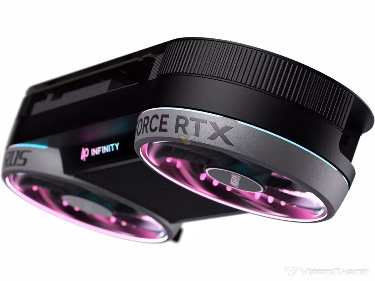 RTX 5070 AORUS INFINITY : GIGABYTE cache le 12V-2×6 sur sa carte à 2715 MHz 2 GIGABYTE AORUS RTX 5070 INFINITY, gros plan ventilateurs RGB, fond sombre contrasté