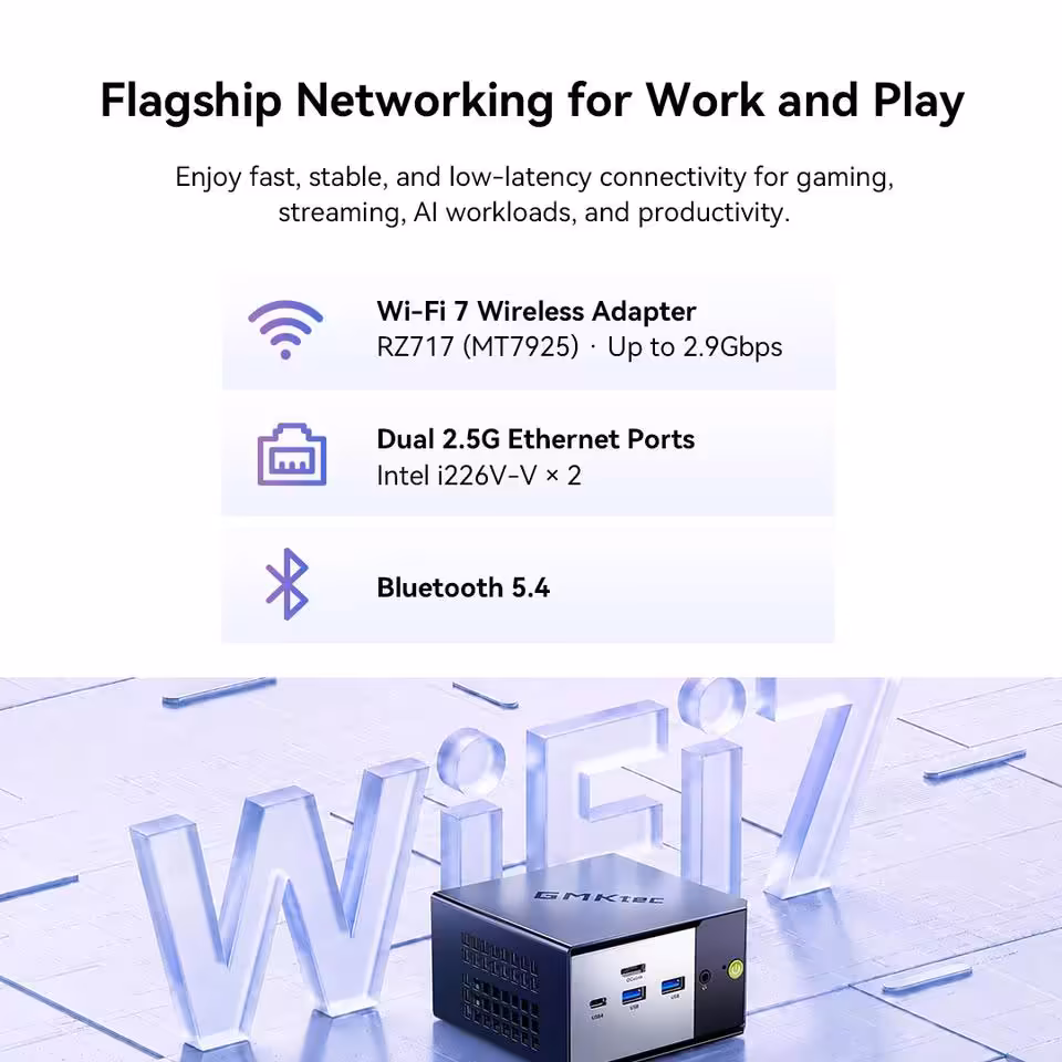 GMKtec Evo-X1 Pro : mini PC Ryzen AI 9 HX 470 avec OCuLink et 64 Go de RAM 5 Mini PC GMKtec Evo-X1 Pro devant visuel Wi‑Fi, avec mention Wi‑Fi 7, Bluetooth 5.4 et double 2.5G