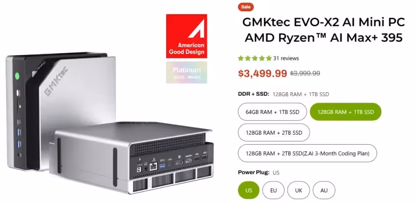 EVO-X2 : GMKtec lance une version 128 Go / 1 To à 3 499 dollars avec Ryzen AI Max+ 2 Capture écran produit GMKtec EVO-X2 avec prix et spécifications