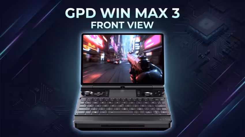 GPD WIN Max 3 vue de face sur fond tech sombre, texte en surimpression