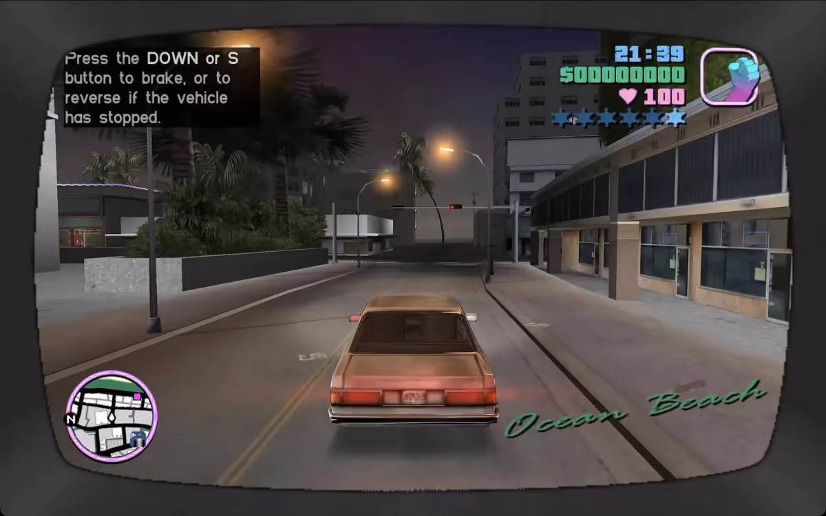 GTA San Andreas affiche GTA III jouable sur une télévision avec le même périphérique Direct3D 3 Voiture roulant dans rue la nuit, graphisme écran rétro, couleurs saturées