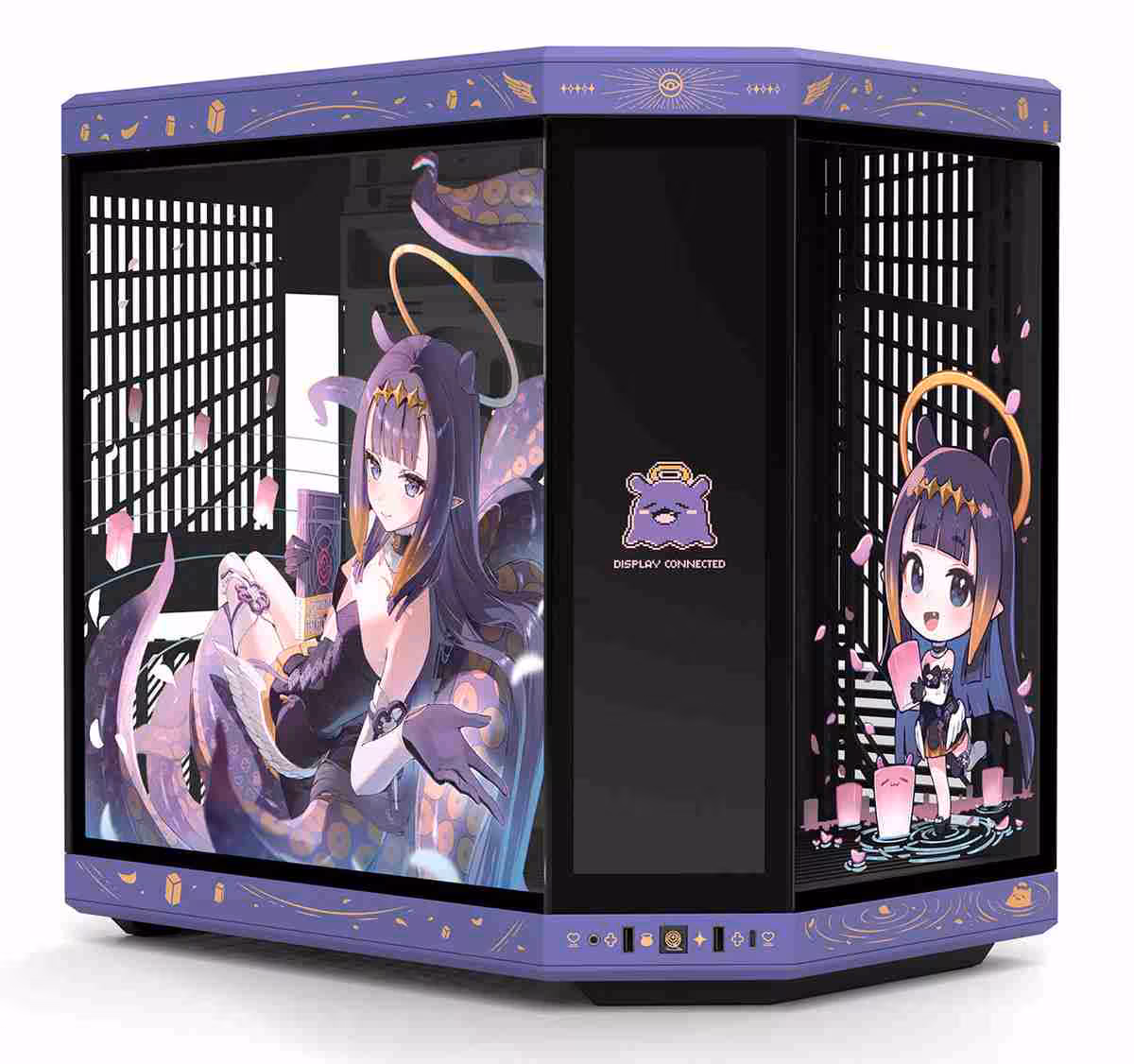 HYTE Y70 Touch Infinite x Ninomae Ina'nis : un boîtier collector à écran tactile 2 Boîtier HYTE Y70 Touch Infinite x Ninomae Ina'nis avec illustration violette sur façade et panneau latéral