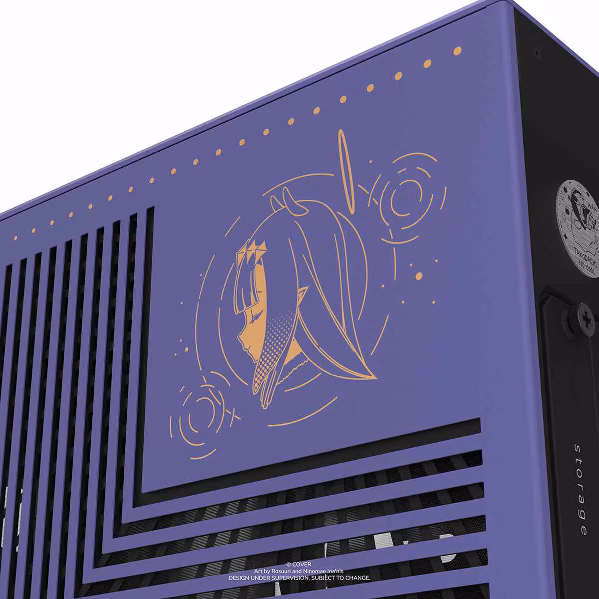 HYTE Y70 Touch Infinite x Ninomae Ina'nis : un boîtier collector à écran tactile 3 Panneau latéral violet du boîtier HYTE Y70 Touch Infinite, illustration Ninomae Ina'nis et grille d’aération