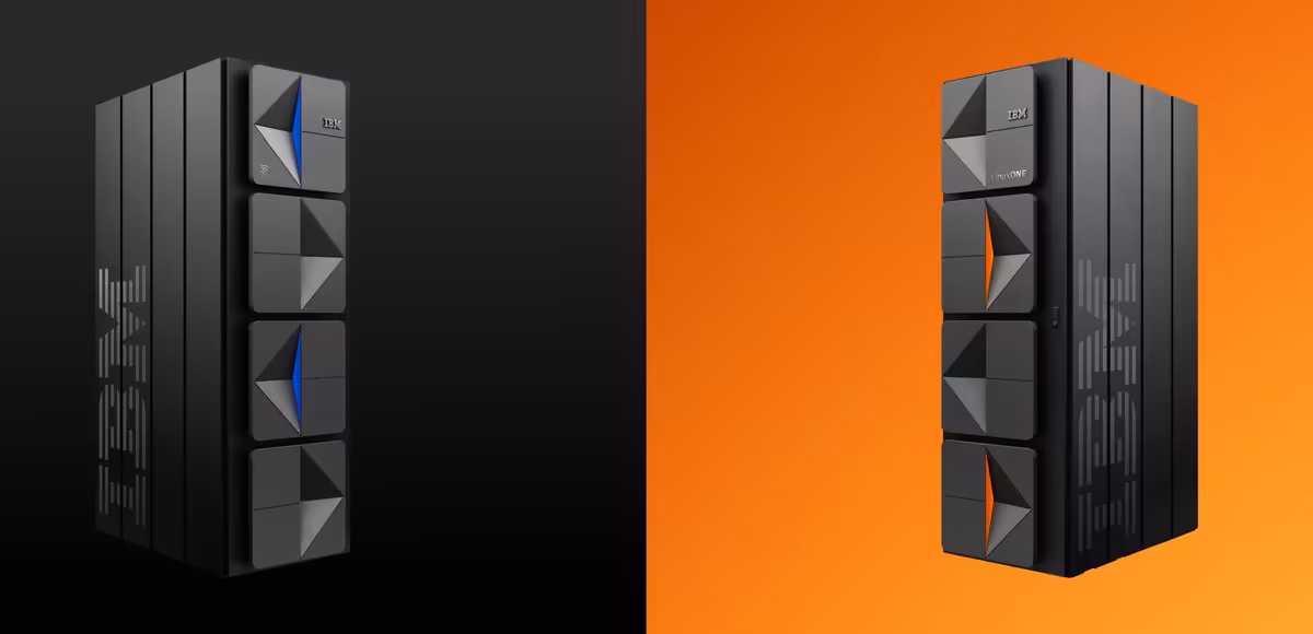 IBM z17 : IBM décline enfin ses mainframes en rack compact et en châssis simple 2 IBM z17 en vue produit sur fond noir et orange, avec façade modulaire et logo IBM visible