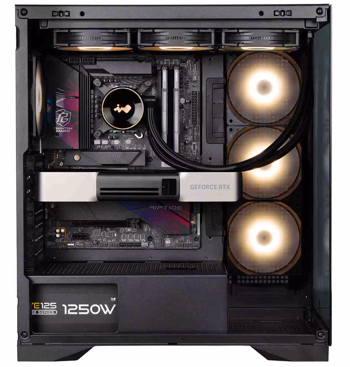 In Win L50 BREEZE, un boîtier PC design avec verre rainuré et éclairage AWWA 3 Intérieur du boîtier In Win L50 BREEZE avec carte mère, GPU GeForce RTX et ventilateurs RGB