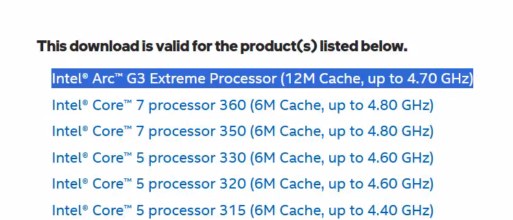 Capture texte spécifications processeur Intel Arc G3 Extreme