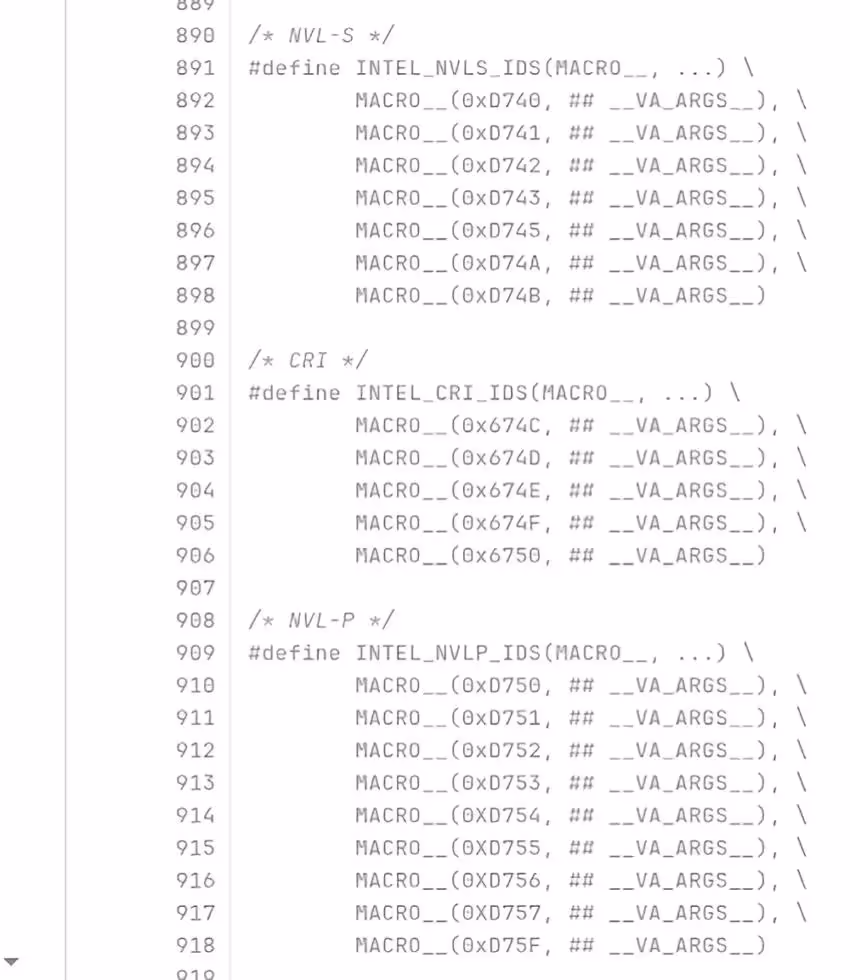 Nova Lake : sept identifiants PCI graphiques désormais pris en charge dans Linux 7.3 2 Capture de texte montrant des identifiants de graphiques PCI Intel Nova Lake S