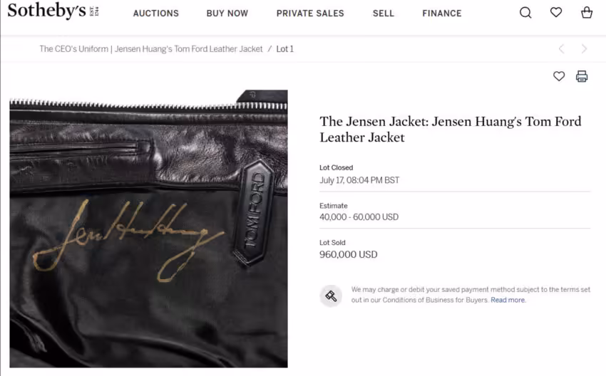 Jensen Huang : sa veste Tom Ford signée vendue 960 000 dollars après 65 enchères 2 Jensen Huang’s Tom Ford jacket sells for 16 times its $60,000 estimate