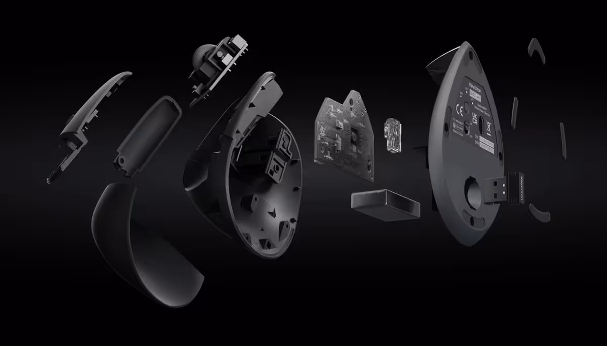 Vue éclatée de la souris ergonomique Keychron BM27 avec composants internes et coque noire