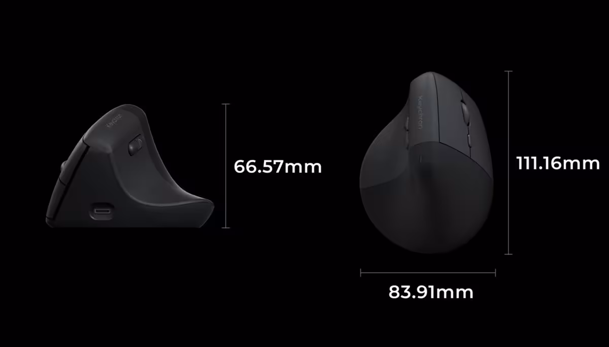 Souris Keychron BM27 vue de profil et de dessus avec dimensions 66,57 mm, 83,91 mm et 111,16 mm