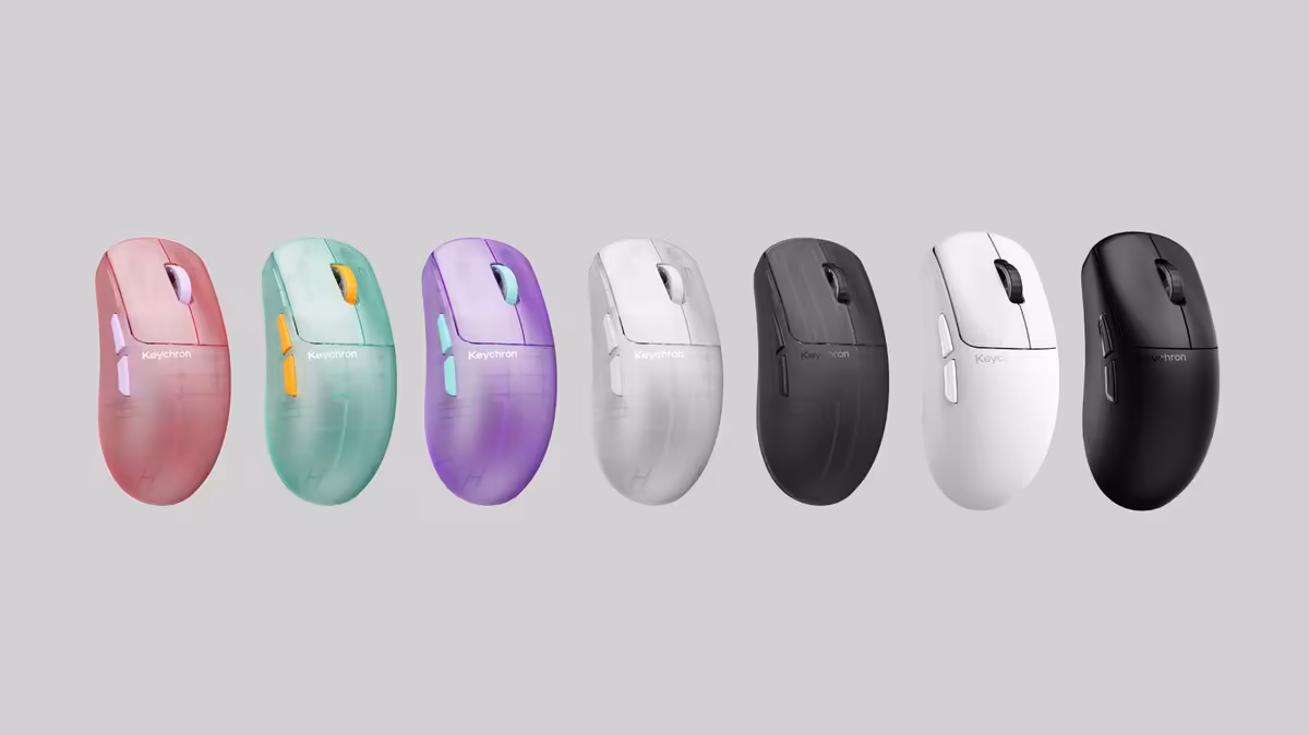 Gamme de souris Keychron G6 HE en plusieurs coloris, dont rose, vert menthe, violet, blanc et noir
