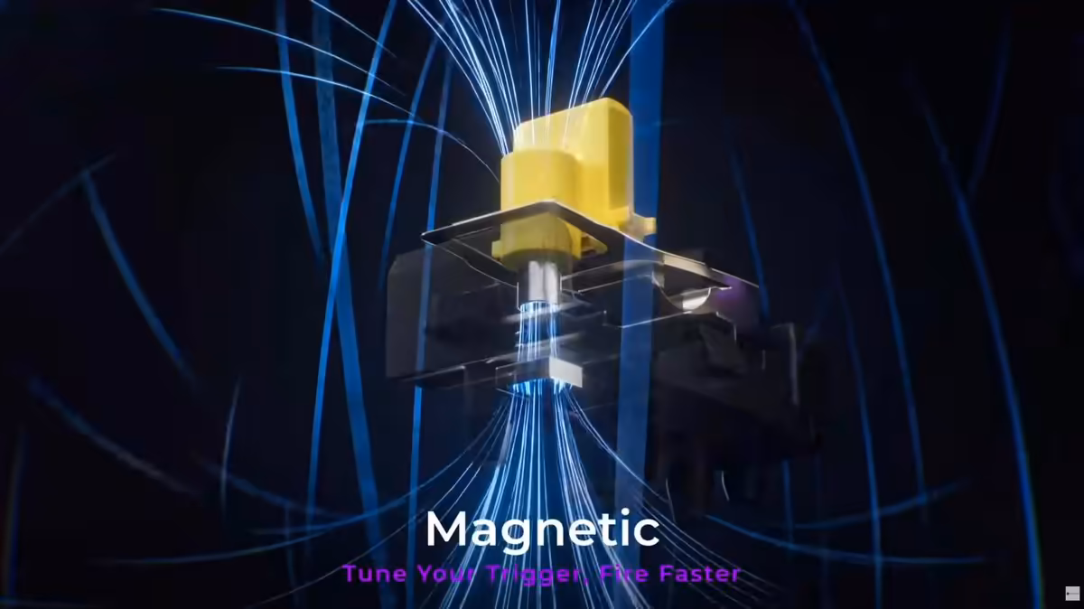 Schéma de switch magnétique Keychron avec légende « Magnetic » et effet lumineux bleu sur fond noir