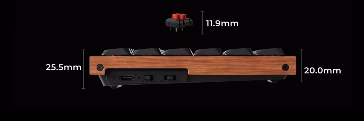 Keychron K1 Ultra 8K : le TKL low-profile en bois et 8 kHz arrive à 109,99 $ 4 Profil latéral du Keychron K1 Ultra 8K indiquant son épaisseur low-profile de 20 mm.