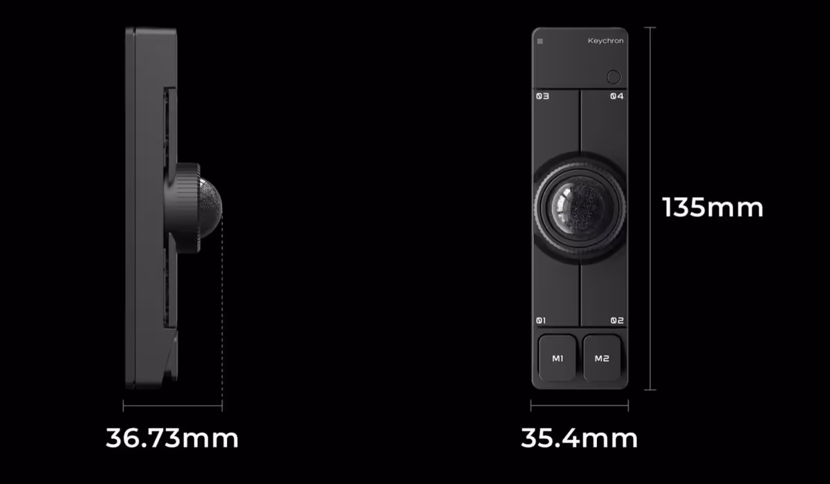 Keychron Nape Pro : le trackball sans fil arrive à 89,99 dollars hors Asie 4 Comparatif de taille du Keychron Nape Pro, vue de profil et dimensions 135 mm et 35,4 mm