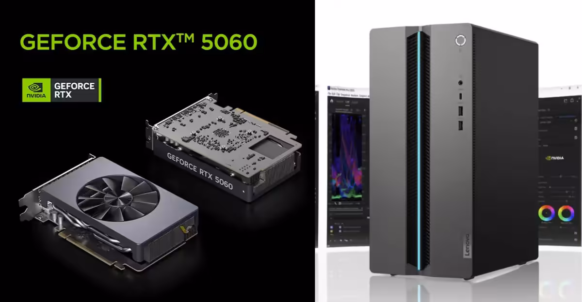 Lenovo GeekPro avec Core 7-245HX et RTX 5060 : une nouvelle configuration desktop en Chine 2 Carte graphique et boîtier Lenovo GeekPro RTX 5060, fond blanc, détails visibles