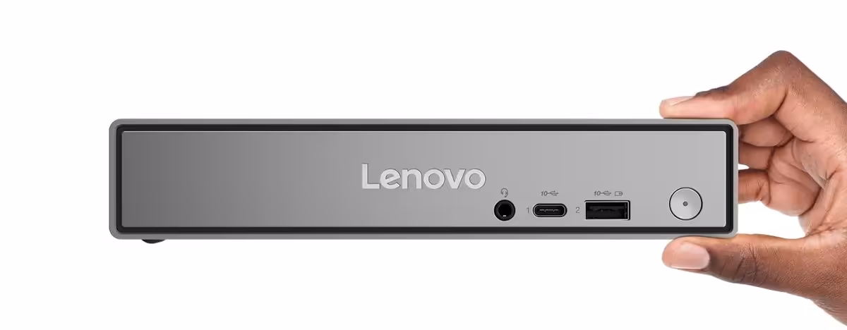 ThinkCentre neo 50q Gen 6 : mini PC Lenovo Lunar Lake dès 1 179 $ avec 16 Go fixes 2 Lenovo Tiny PC frontal tenu par une main, design minimaliste, fond blanc