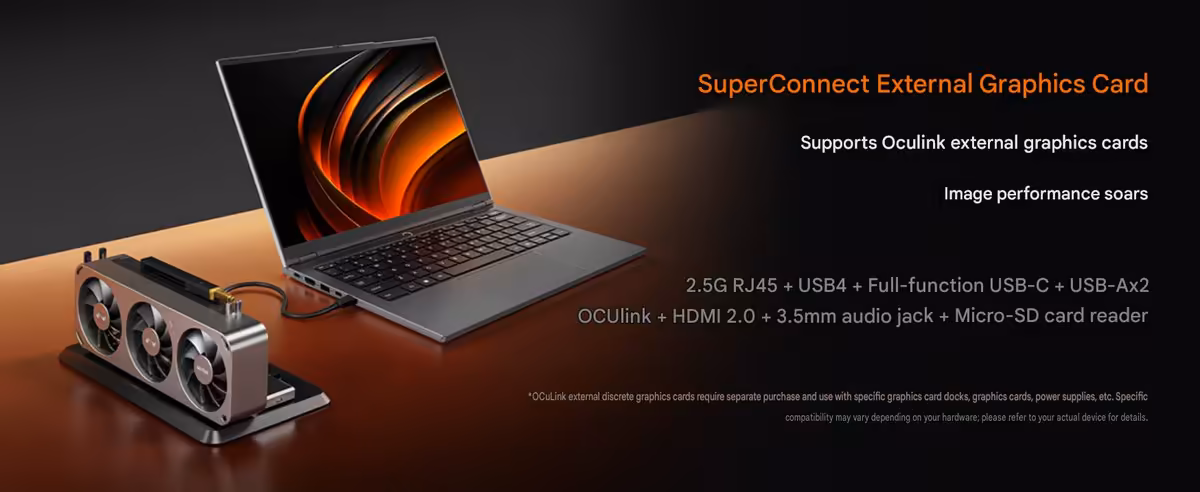 Lecoo Pro14 : Ryzen 7 H 255, OCuLink, USB4 et 32 Go dès 4 599 yuans chez Lenovo 5 Lenovo Pro14 et GPU externe fonctionnalités listées fond sombre détaillé
