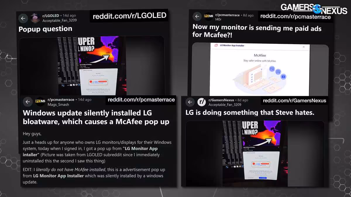 Collection de quatre tweets/captures sur pop-up LG, fond noir avec images intégrées