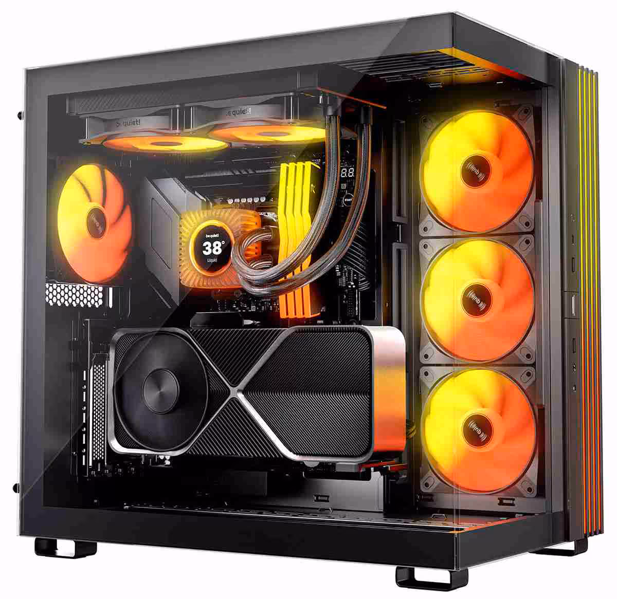 Boîtier PC vitré avec configuration gaming, carte graphique, ventilateurs RGB et watercooling be quiet! Light Loop IO LCD