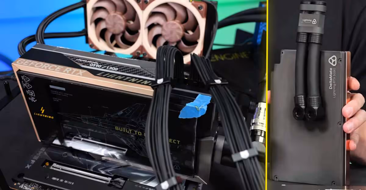 RTX 5090 LIGHTNING Z : der8auer adapte le refroidissement AIO à une boucle custom 2 Emballage MSI RTX 5090 LIGHTNING avec accessoires à côté de composants de refroidissement