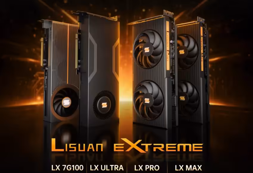 Lisuan LX 7G100 : la version standard 12 Go baisse de 18,5 % et arrive en Chine 3 Série de cartes Lisuan LX, intense éclairage orange, fond noir dynamique.