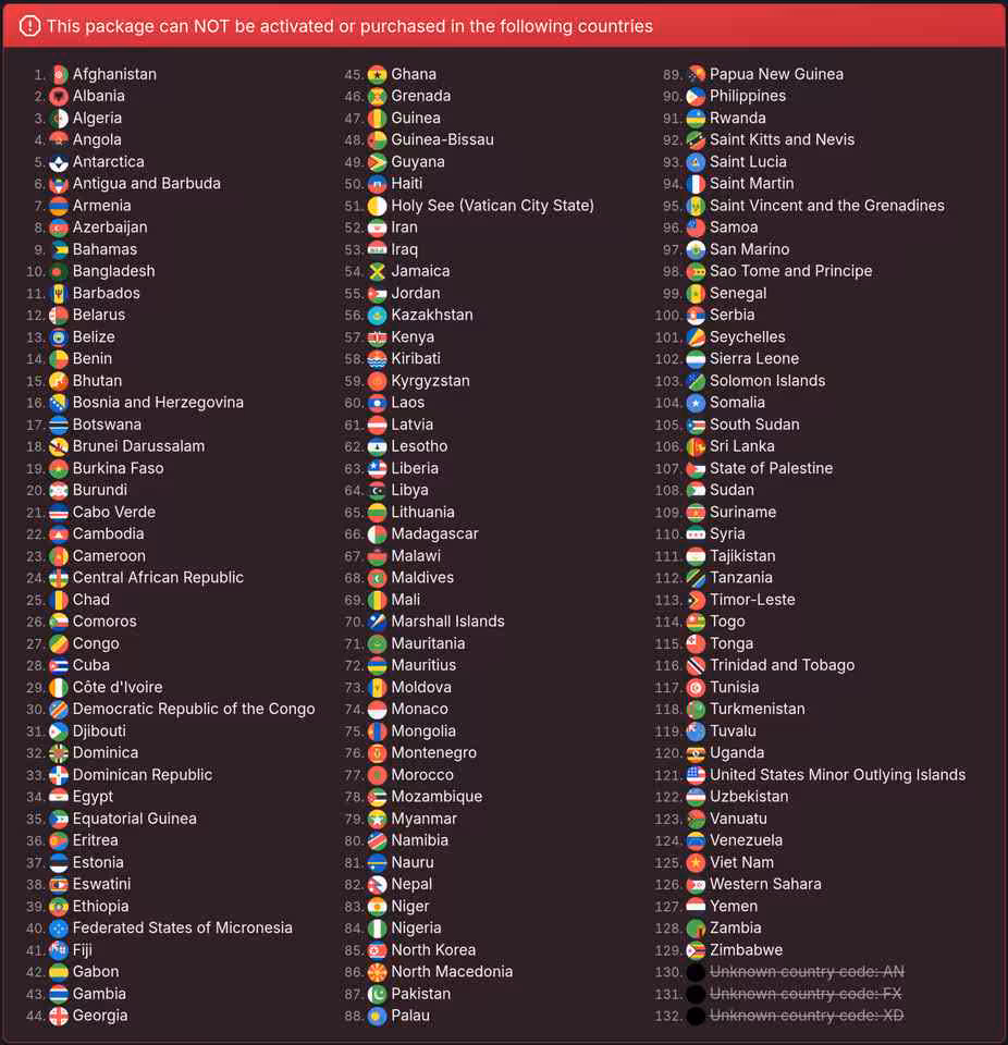 Liste d’interdiction de jeu avec drapeau rouge indiquant 132 pays non éligibles à l’activation