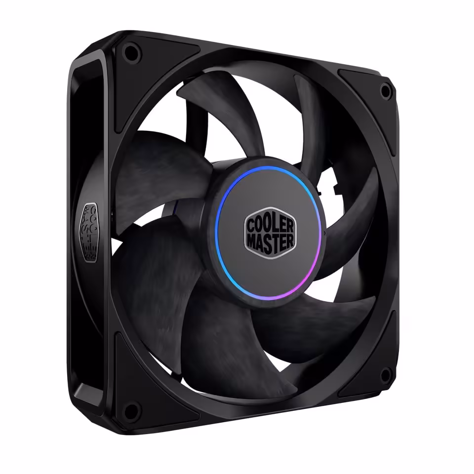Ventilateur Cooler Master noir avec anneau RGB autour du moyeu, vue frontale sur fond blanc