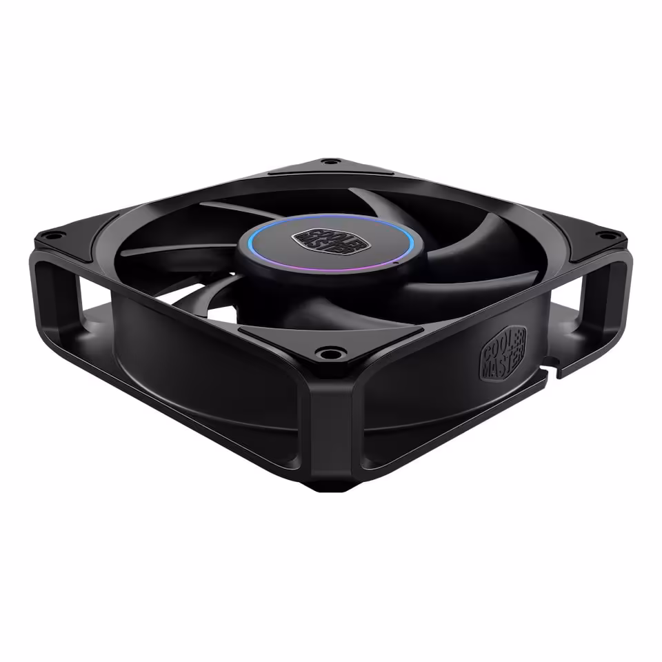 Ventilateur Cooler Master noir RGB, vue inclinée montrant le profil et les pales sur fond blanc