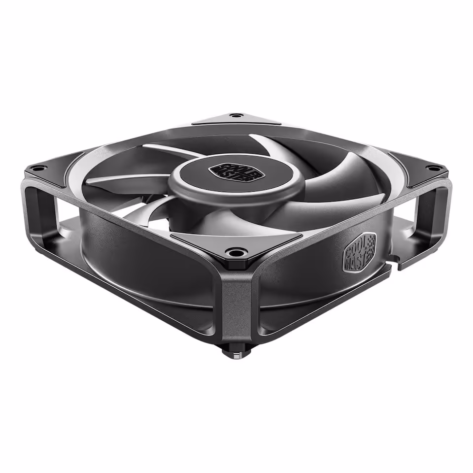 Ventilateur Cooler Master gris et noir, vue inclinée produit avec pales visibles sur fond blanc
