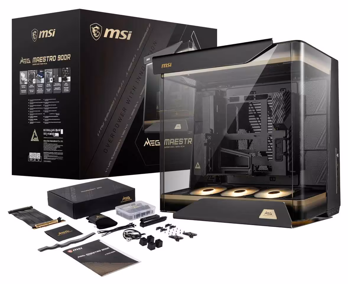 Boîte et accessoires du boîtier MSI MEG MAESTRO 900R, avec visserie, câbles et manuel