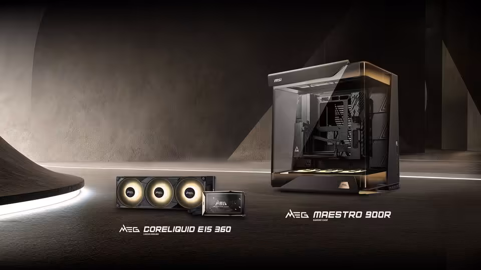 Boîtier vitrine MSI MEG MAESTRO 900R avec refroidissement liquide MEG CORELIQUID EIS 360 sur fond sombre