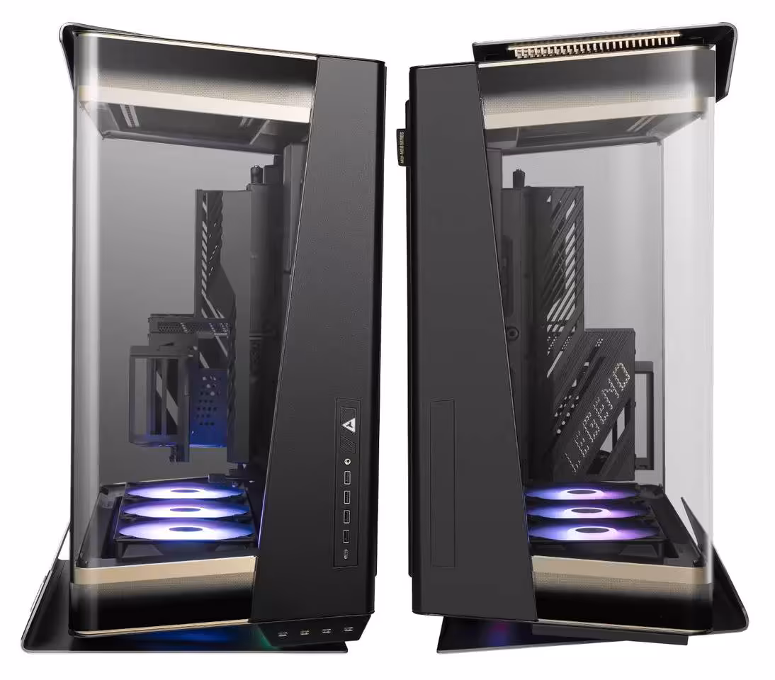 Deux vues du boîtier MSI MEG MAESTRO 900R avec façade vitrée et éclairage violet