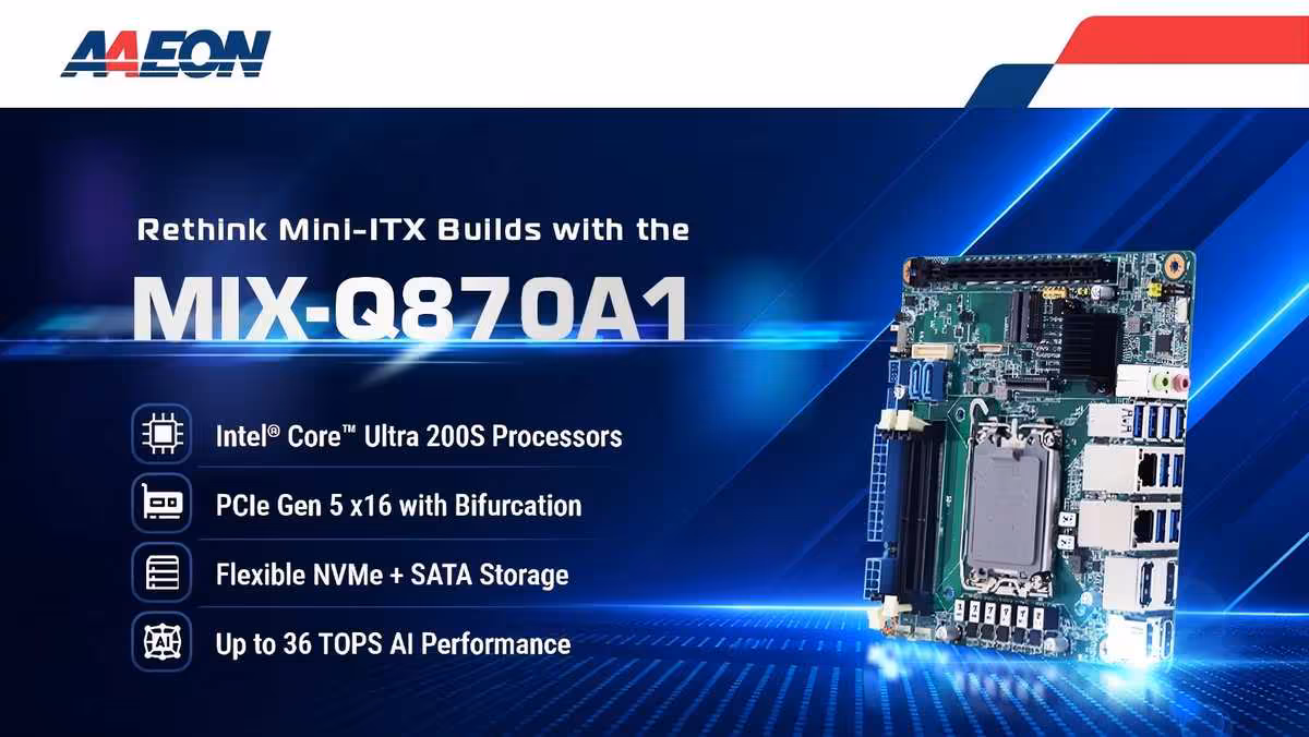 Visuel promotionnel AAEON MIX-Q870A1, Intel Core Ultra 200S, PCIe Gen 5 et stockage NVMe.