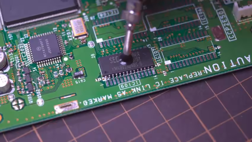 PlayStation 16 MB : un mod porte la console de Sony de 2 MB à 16 MB de RAM 2 Circuit imprimé avec puce gravée et tête de forage sur fond quadrillé
