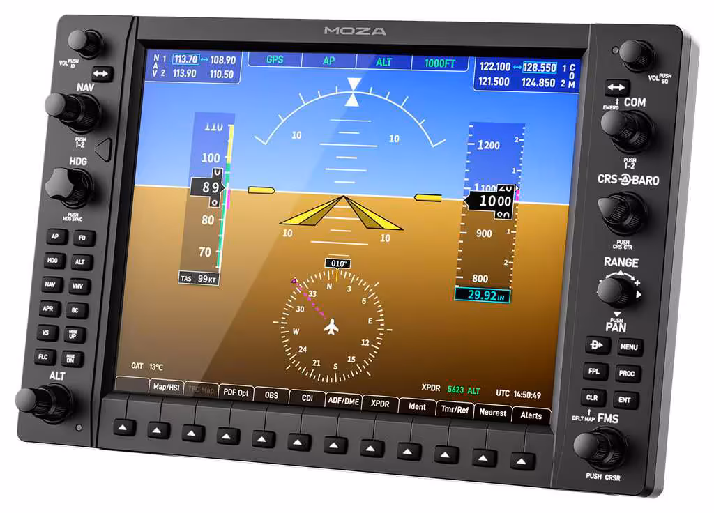 MOZA flight sim enrichit son écosystème avec écrans, panels et cockpit complets 4 Instrument de vol MOZA avec grand écran couleur et commandes latérales, vue produit isolée
