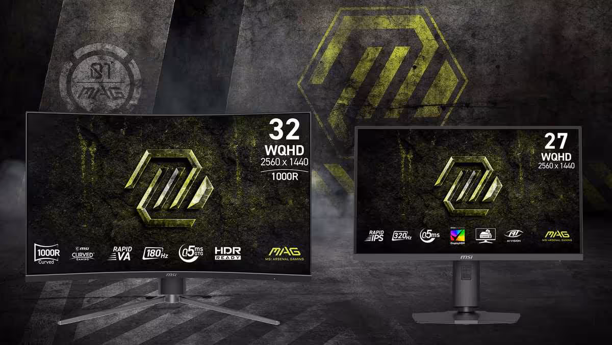 MSI MAG 32 WQHD 2560 x 1440 et MSI MAG 27 WQHD 2560 x 1440, deux moniteurs gaming en vue frontale.