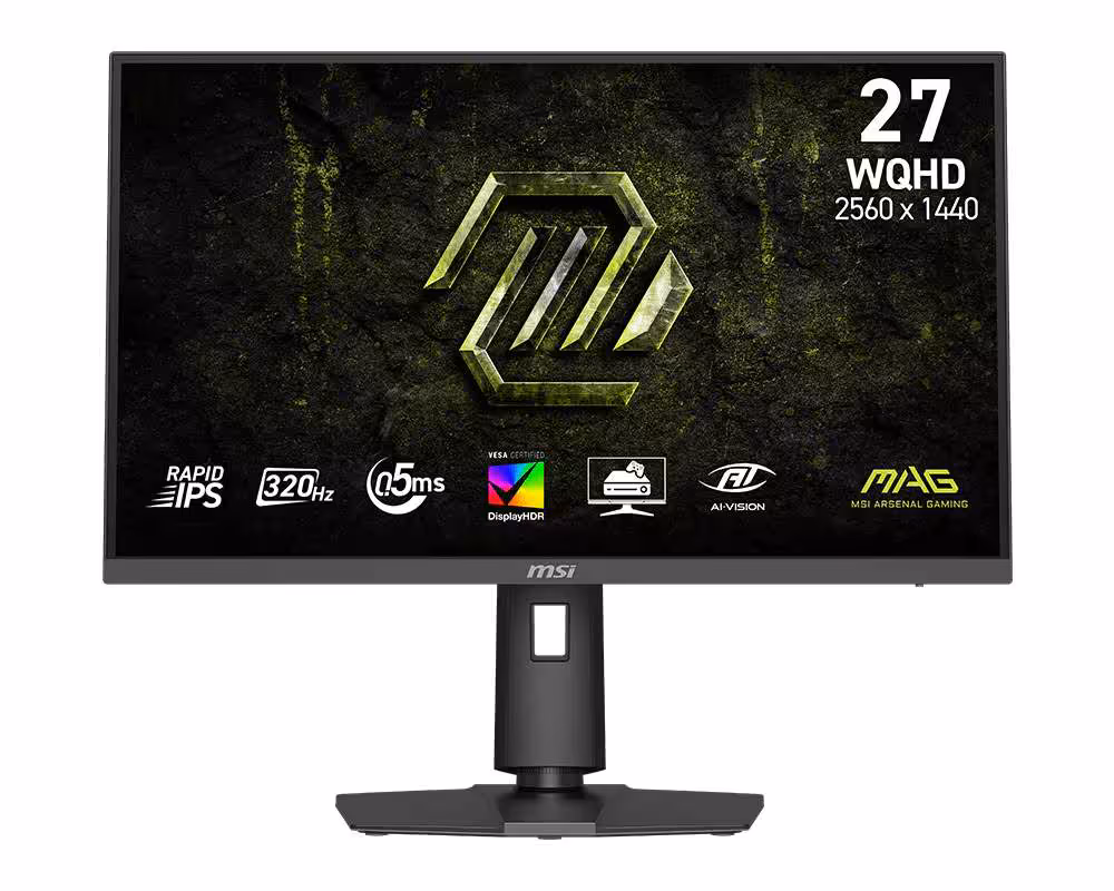 Moniteur MSI MAG 27 WQHD 2560 x 1440, dalle plate, pied central, fond blanc.