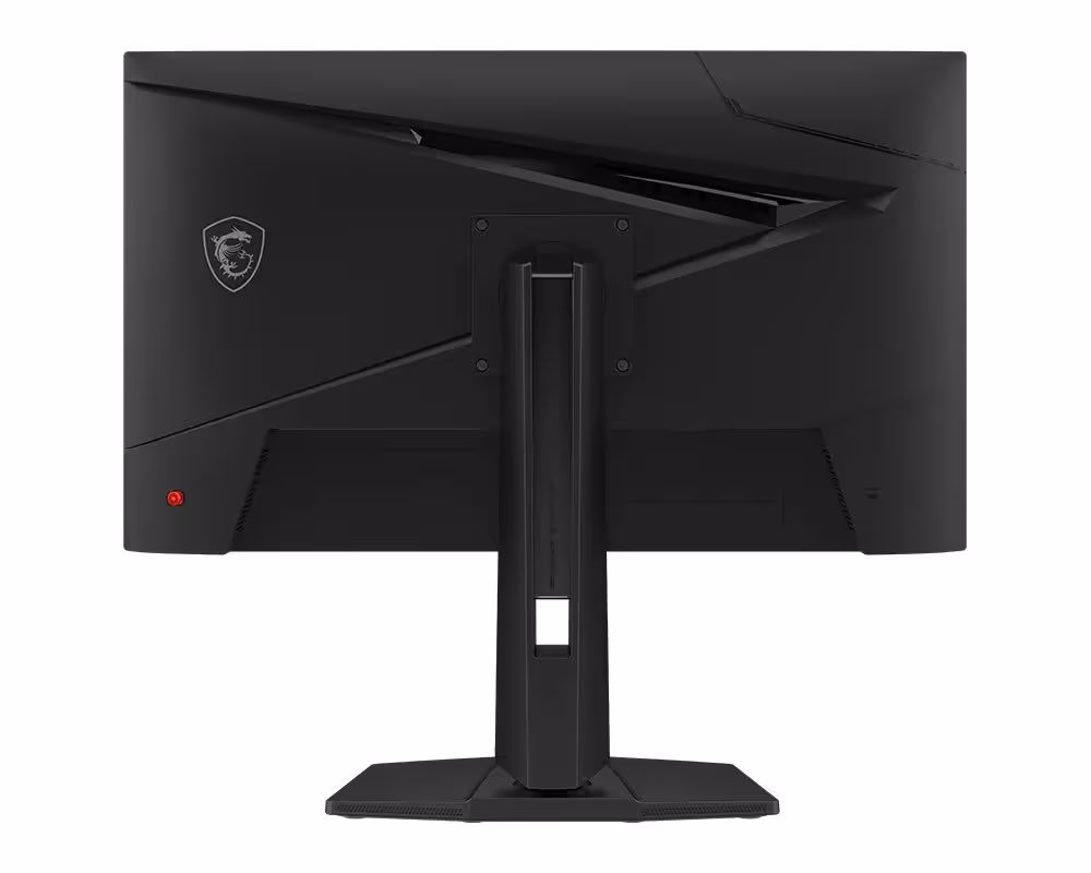 Dos du moniteur MSI avec logo dragon MSI, support central noir et pied rectangulaire.