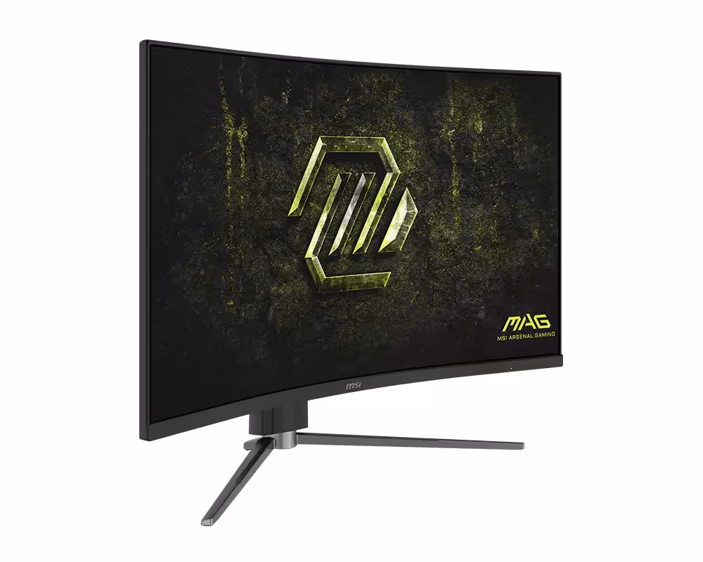 Moniteur MSI MAG incurvé de profil, dalle noire avec logo MAG, pied métallique tripode.