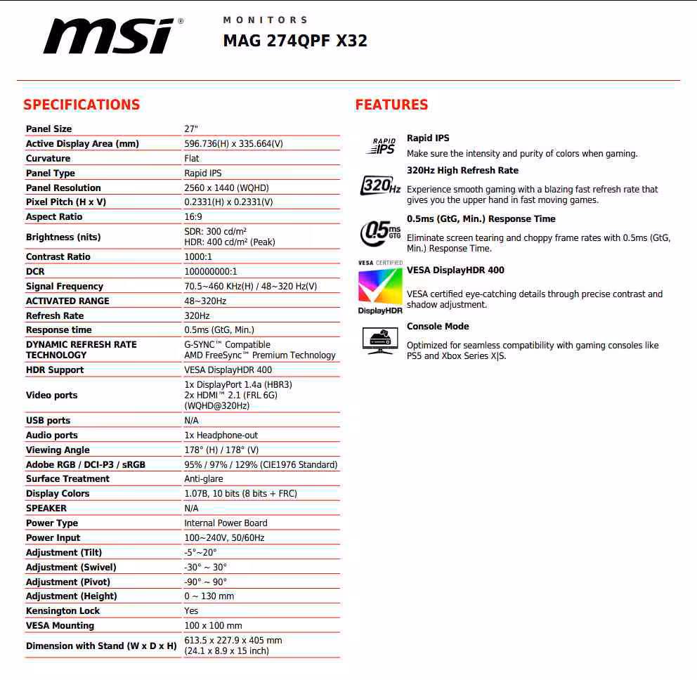 Fiche technique MSI MAG 274QPF X32 avec caractéristiques et fonctionnalités Rapid IPS, 320 Hz et HDR400.