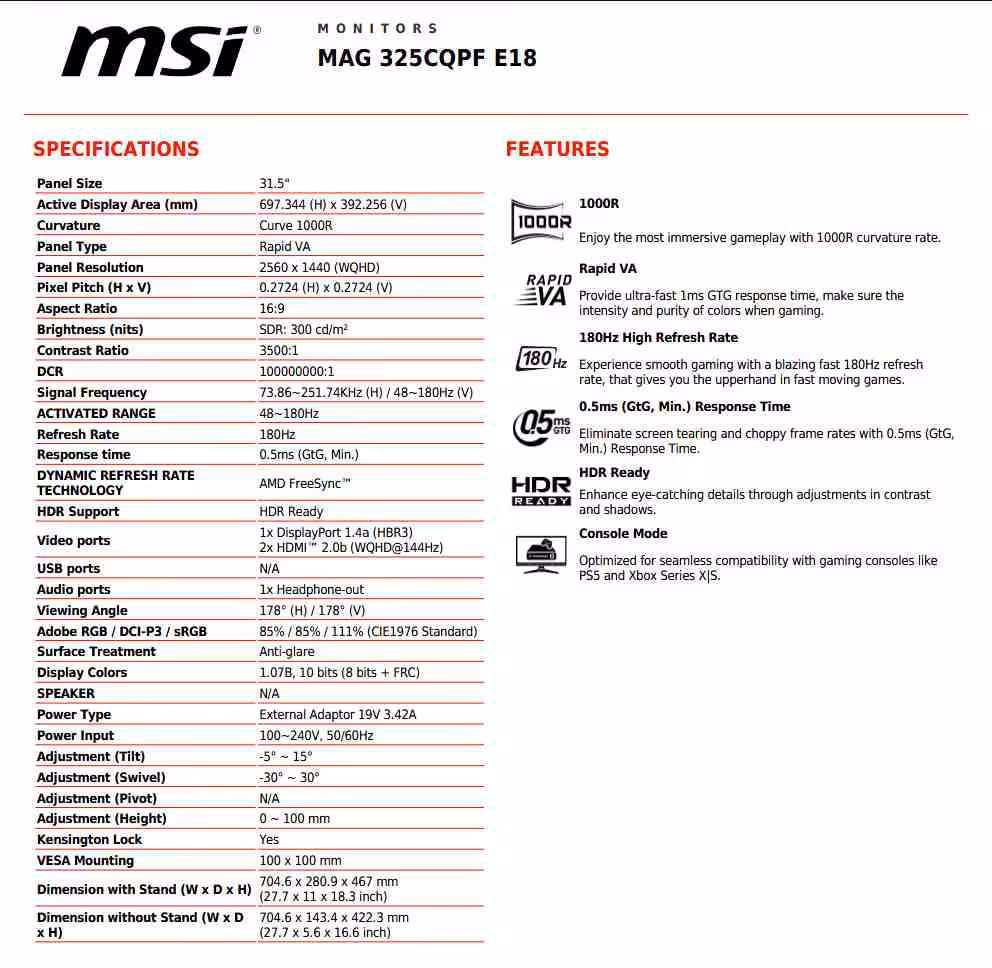 Fiche technique MSI MAG 325CQF E18 avec caractéristiques, courbure 1000R, 180 Hz et HDR Ready.