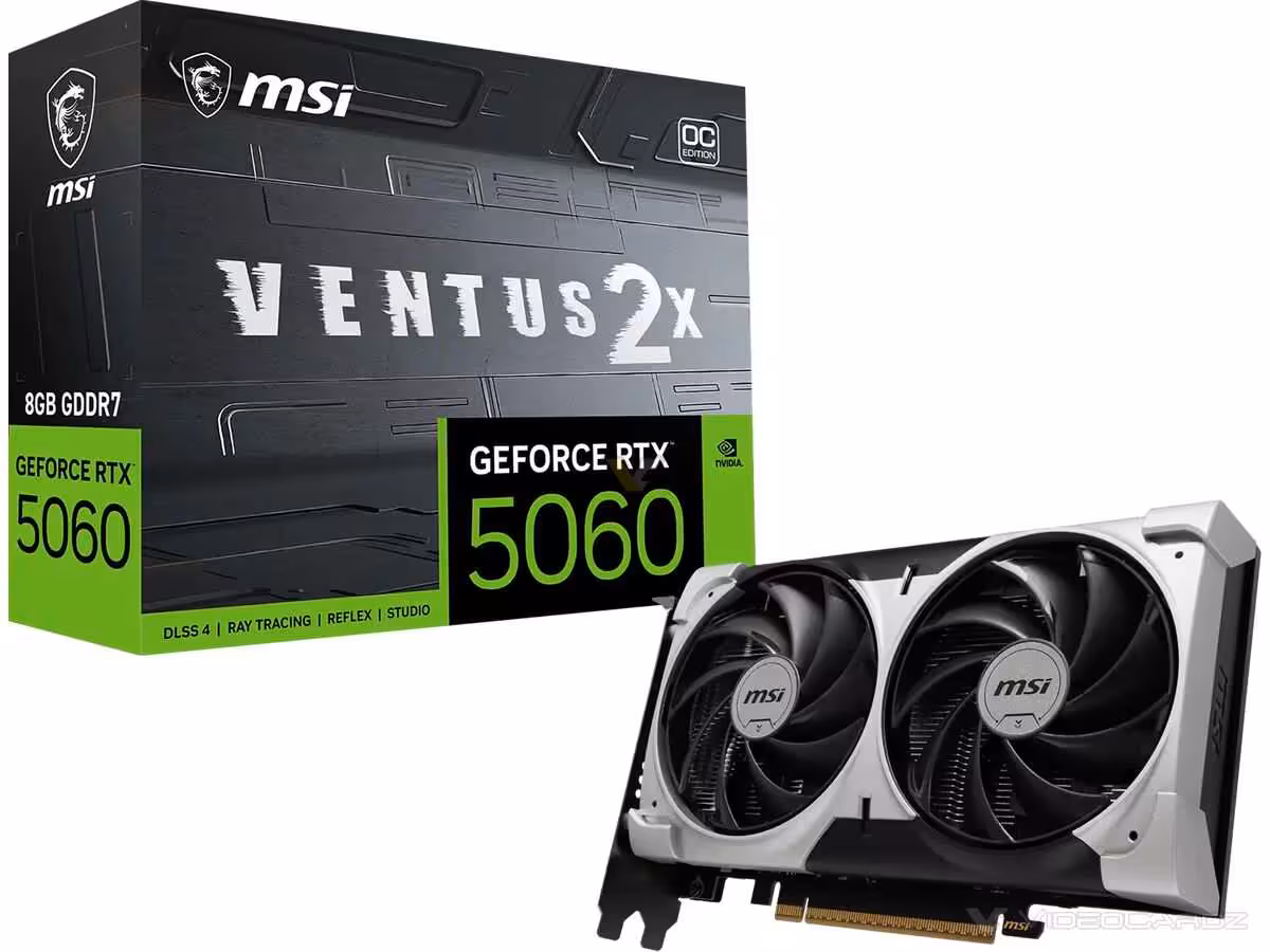 Carte graphique MSI Ventus 2X GeForce RTX 5060 avec packaging aux couleurs plus sobres et fond moins contrasté