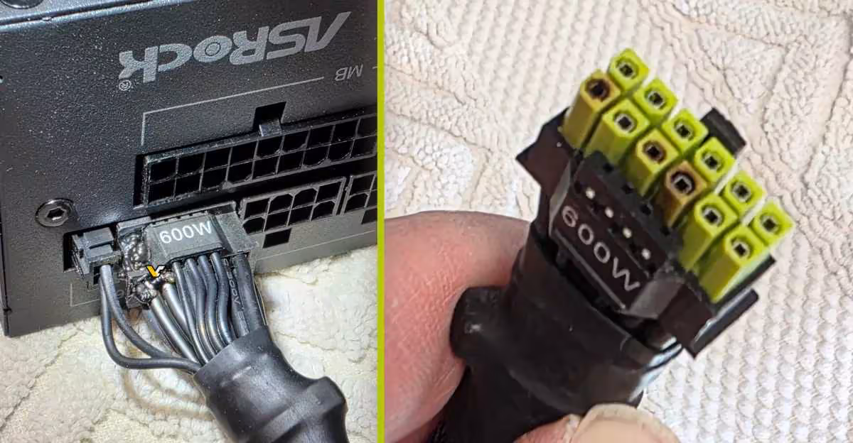 RTX 5090 : un câble 12V-2x6 ASRock TempGuard fond sans arrêt automatique du PC 2 Câble 12V-2x6 600W fondu connecté à un boîtier ASRock fond clair